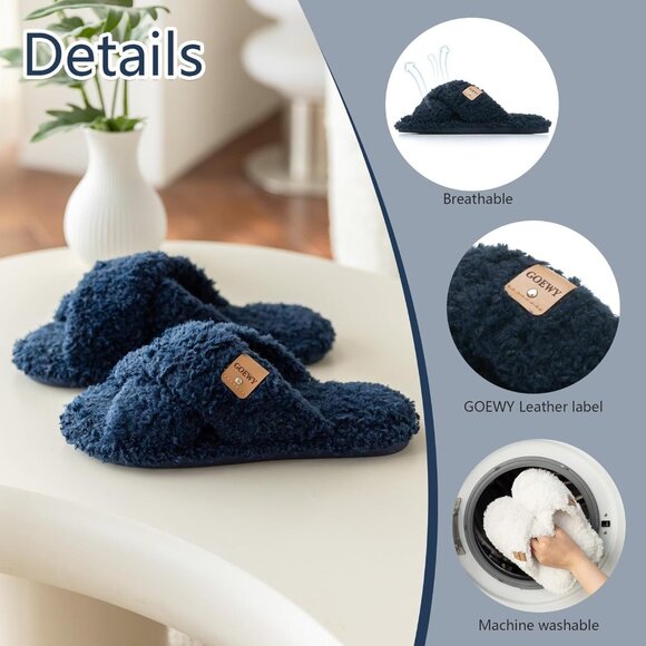 ⚡Women’s Navy Blue Faux Fur Cozy Fuzzy Cross Band Slippers House Shoes - Picture 4 of 6